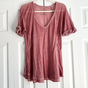 We The Free Free People Pink V-Neck Short Sleeve Pocket Tee XS/TP Slub Knit